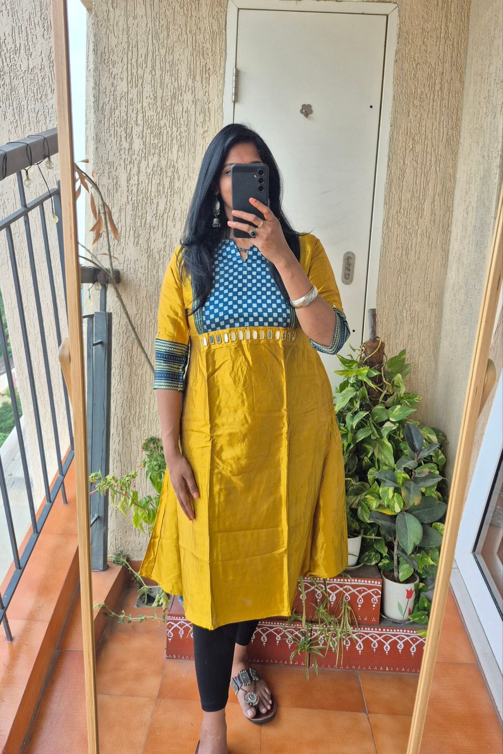 Mustard mashru silk A line dress. - Image 2
