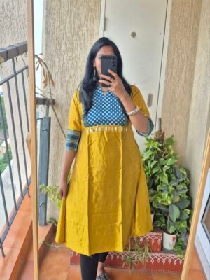 Mustard mashru silk A line dress.