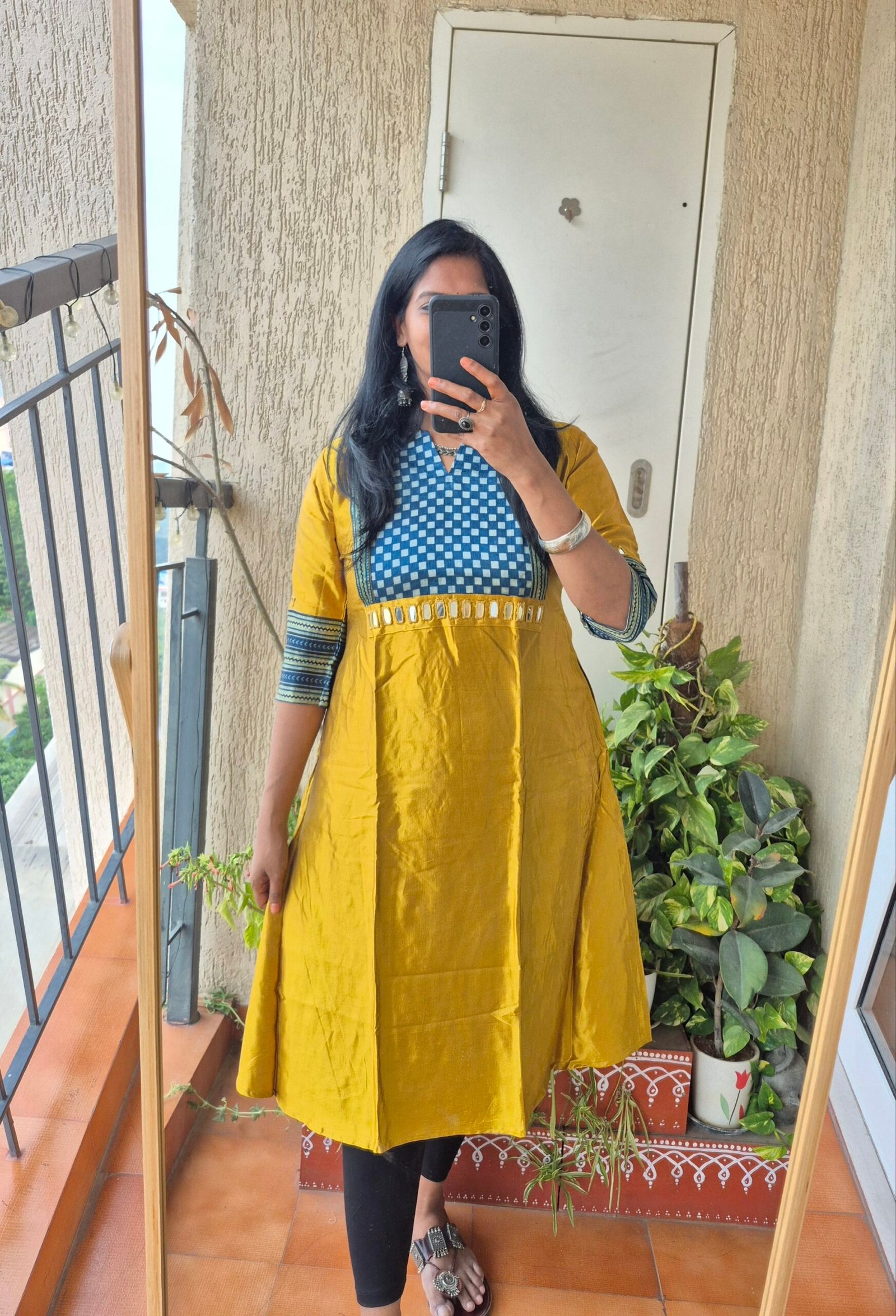 Mustard mashru silk A line dress.